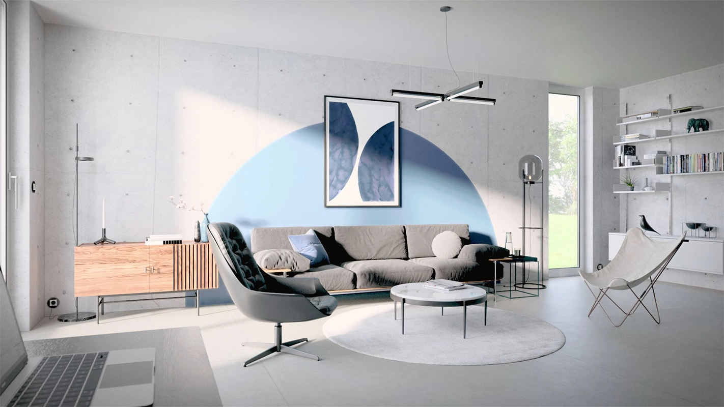 Imagefilm der Filmproduktion Panda Pictures aus München und Ulm für GIRA. Eine weitwinklige Einstellung zeigt ein modernes Wohnzimmer mit Betonwänden, Designermöbeln und einem blauen Kreismotiv, das als stilvoller Hintergrund dient.