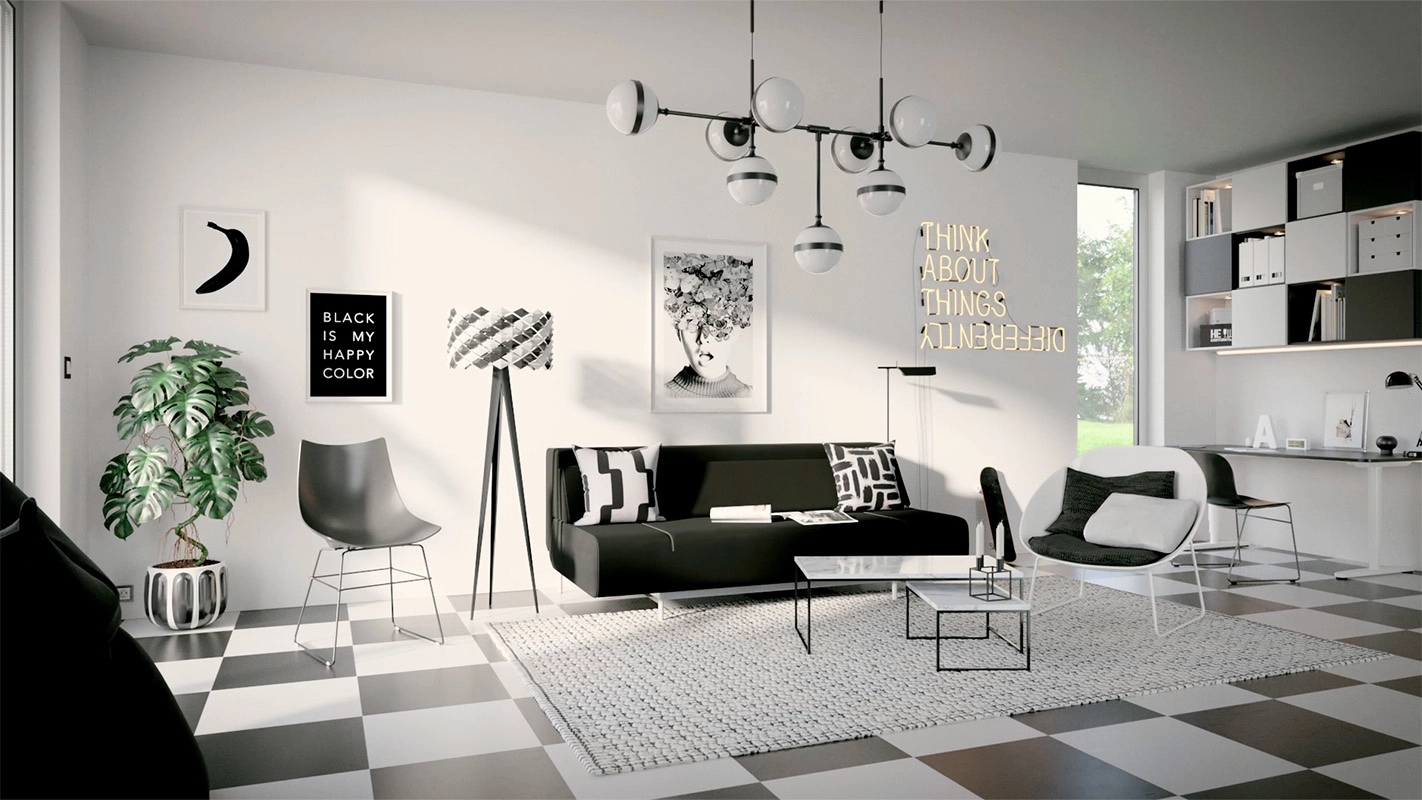 Imagefilm der Filmproduktion Panda Pictures aus München und Ulm für GIRA. Ein modernes Wohnzimmer in Schwarz-Weiß mit stilvollen Möbeln und Designelementen, perfekt ausgeleuchtetes Set.