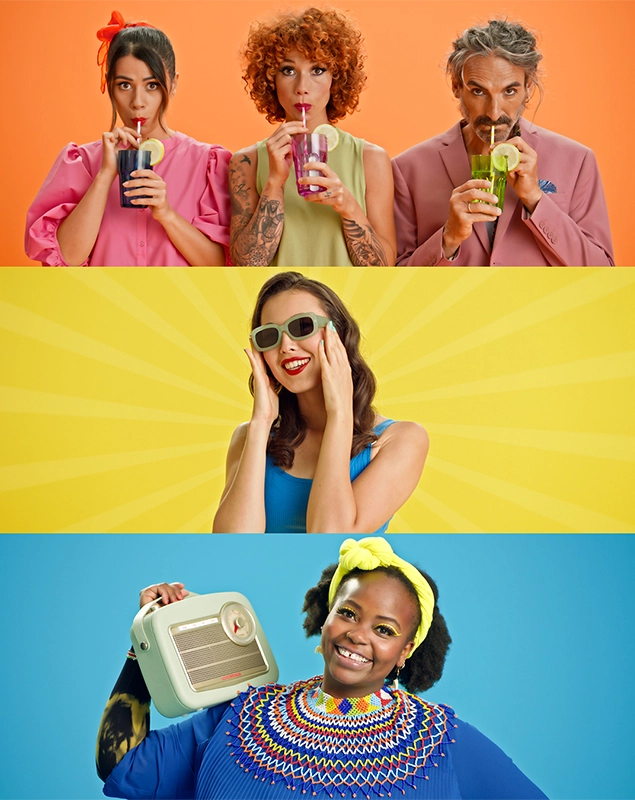 Produktfilm der Filmproduktion Panda Pictures aus München und Ulm für Juzo. Eine szenische Montage mit Darstellern, die bunte Cocktails genießen, eine Frau mit Sonnenbrille und eine weitere, die ein Radio hält, vor lebhaften Kulissen.