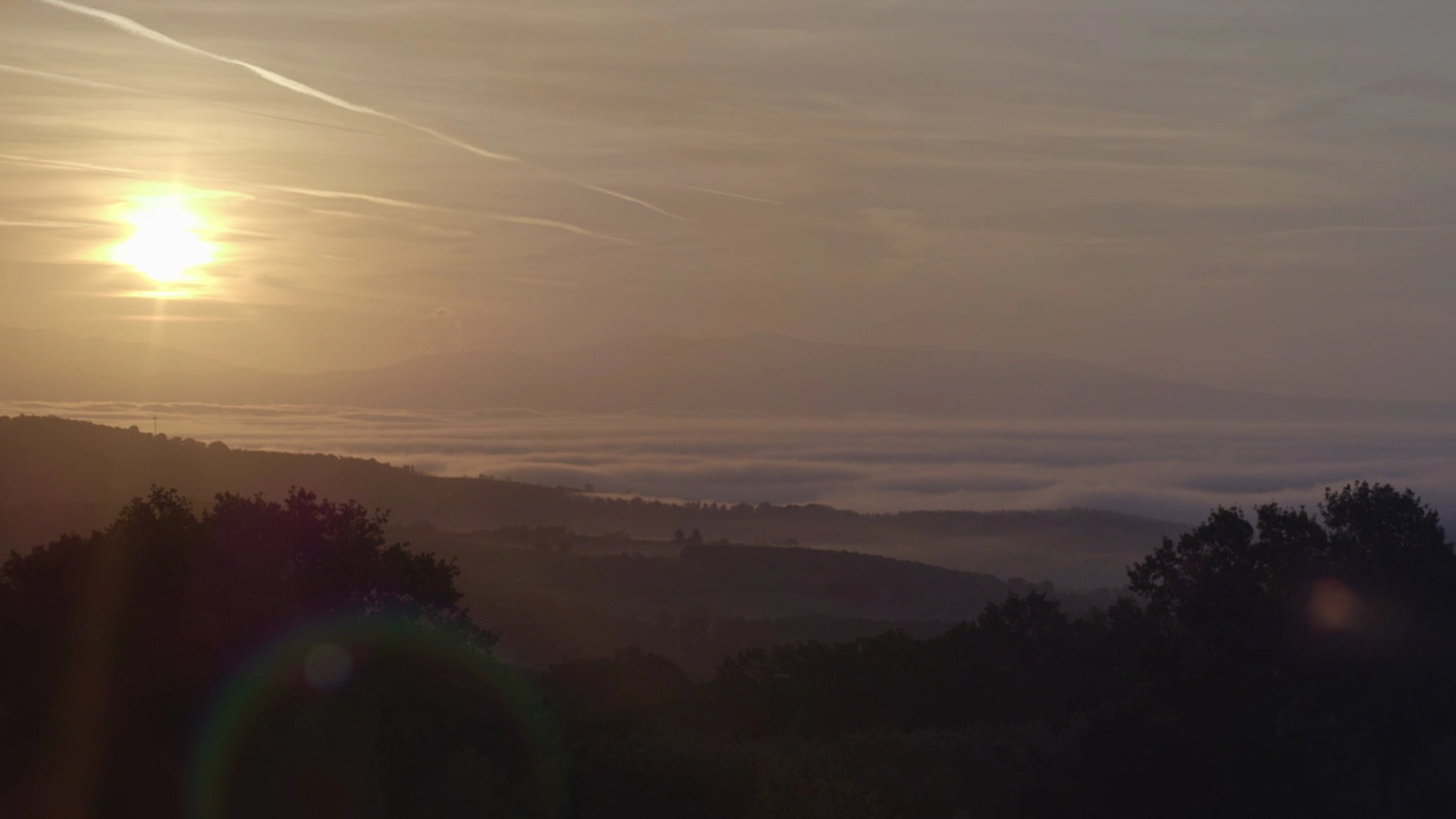 Filmproduktion Panda Pictures aus München und Ulm. Kurzfilm. Eine weitläufige Landschaft mit Nebelbänken im Tal bei Sonnenaufgang, perfekt für atmosphärische Panoramaaufnahmen.