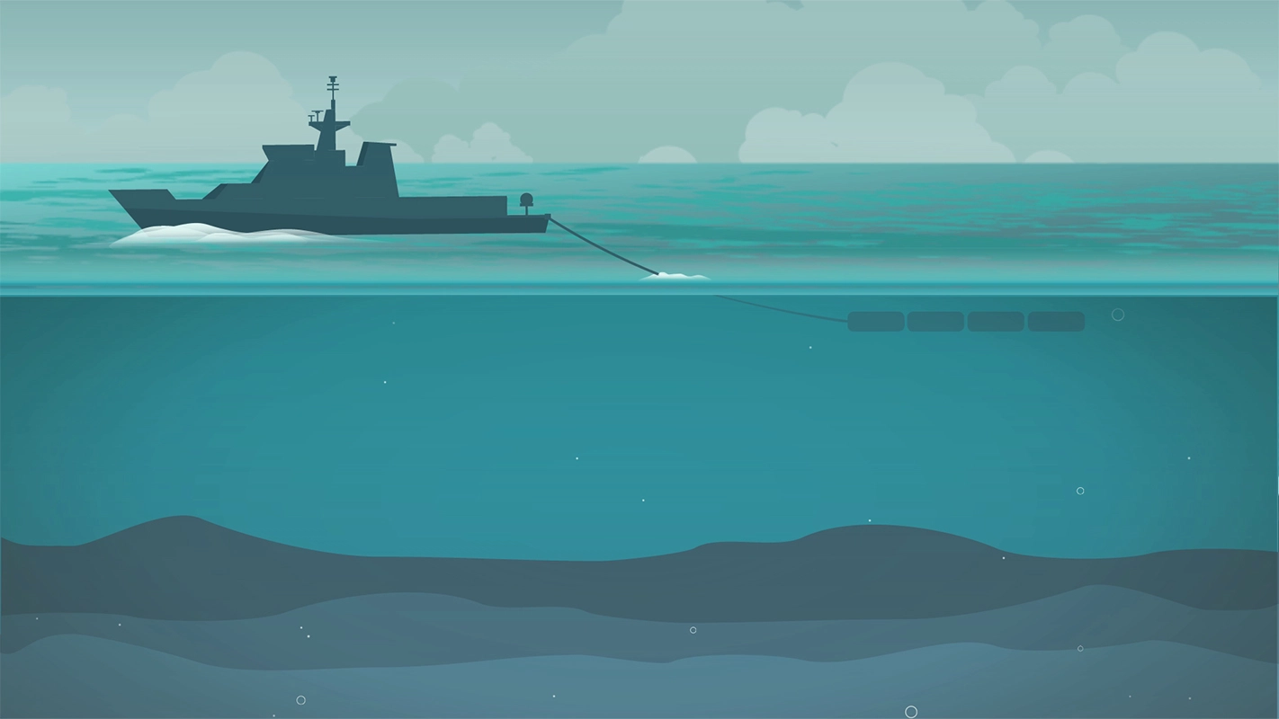 Erklärfilm der Filmproduktion Panda Pictures aus München und Ulm für Deutsches Meeresmuseum. Eine Graphic Animation zeigt ein Schiff, das ein langes Sonar-Array hinter sich herzieht, um Unterwasserstrukturen zu erfassen.