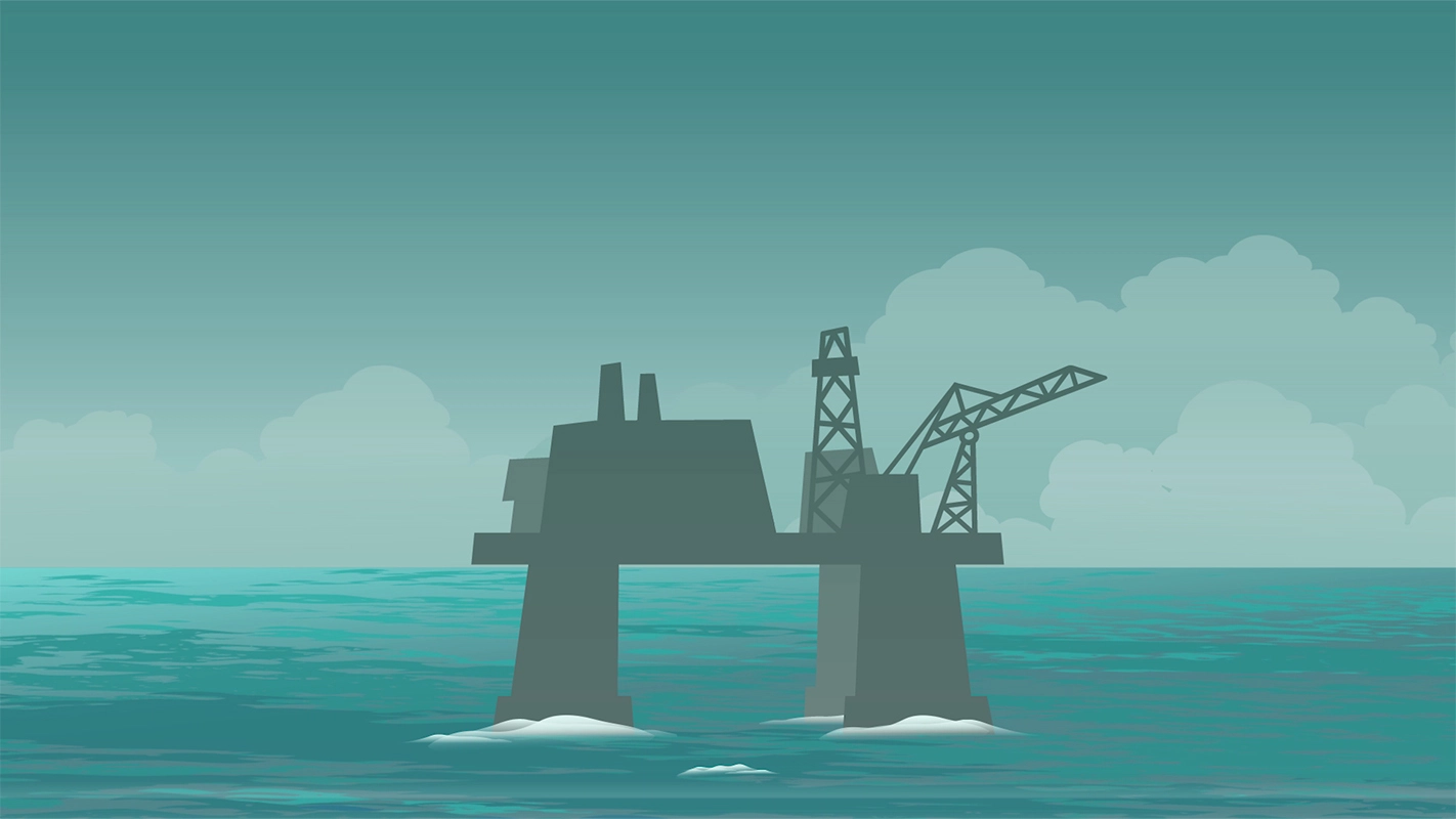 Erklärfilm der Filmproduktion Panda Pictures aus München und Ulm für Deutsches Meeresmuseum. Eine schematische Graphic Animation einer Ölplattform auf dem Meer mit großen Wolken am Horizont.