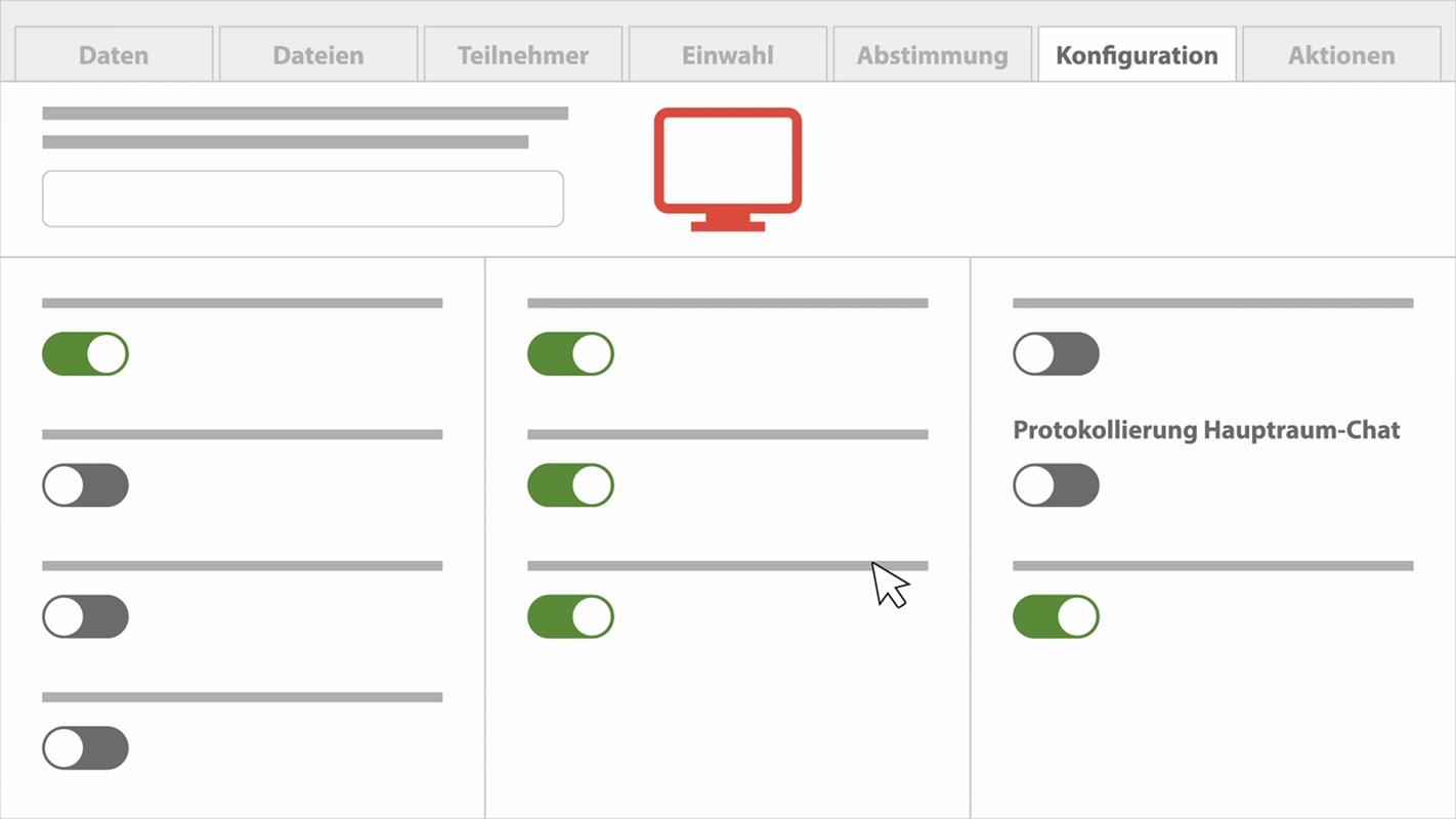 Produktfilm der Filmproduktion Panda Pictures aus München und Ulm für Visavid. Dieser Frame zeigt eine Konfigurationsoberfläche mit Schaltern und Feldern zur Anpassung von Einstellungen, die während der Postproduktion des Videos erläutert werden.