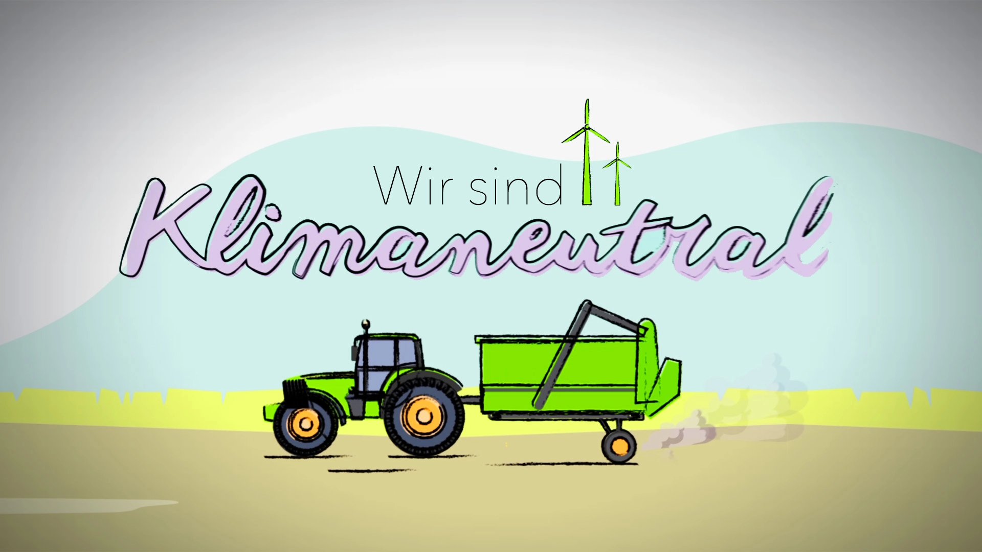 rklärfilm der Filmproduktion Panda Pictures aus München und Ulm für Baukhof. Eine Graphic Design Szene mit einem grünen Traktor, der Abgase ausstößt, dem Schriftzug "Wir sind Klimaneutral" und Windrädern im Hintergrund.