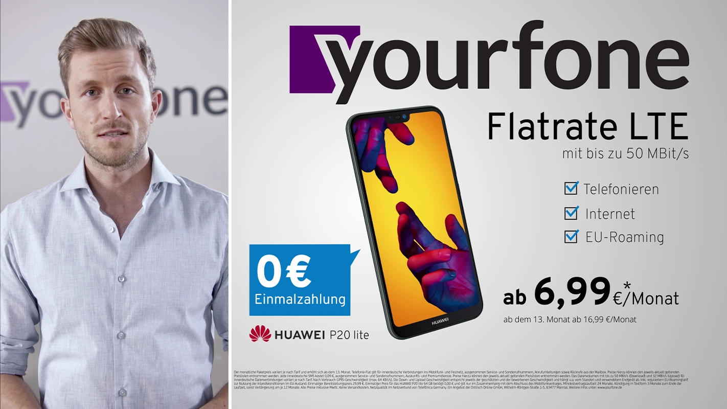 TV Werbespot der Filmproduktion Panda Pictures aus München und Ulm für yourfone. Ein Darsteller präsentiert yourfone-Angebote mit Smartphone und Tarifdetails im Rahmen der Filmproduktion.