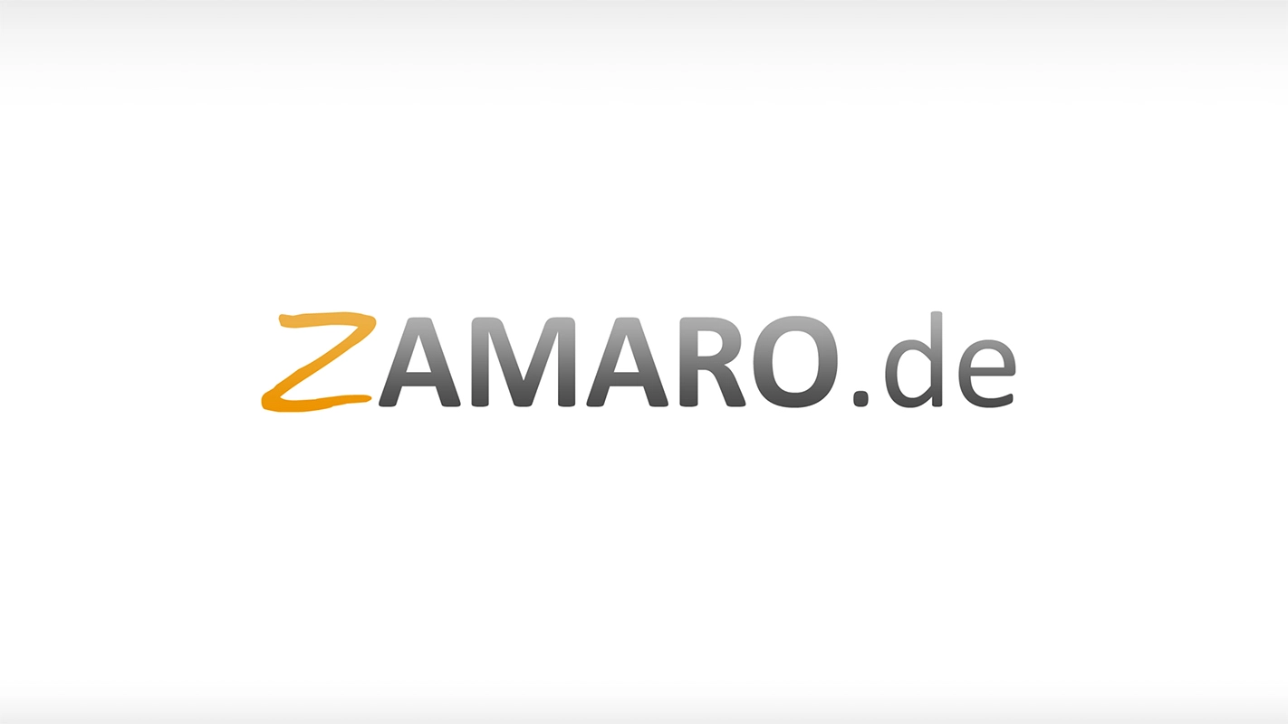 DRTV Werbefilm der Filmproduktion Panda Pictures aus München und Ulm für Zamaro. Das Logo "ZAMARO.de" in Postproduktion, klar und prägnant auf weißem Hintergrund, bereit für den Schnitt.
