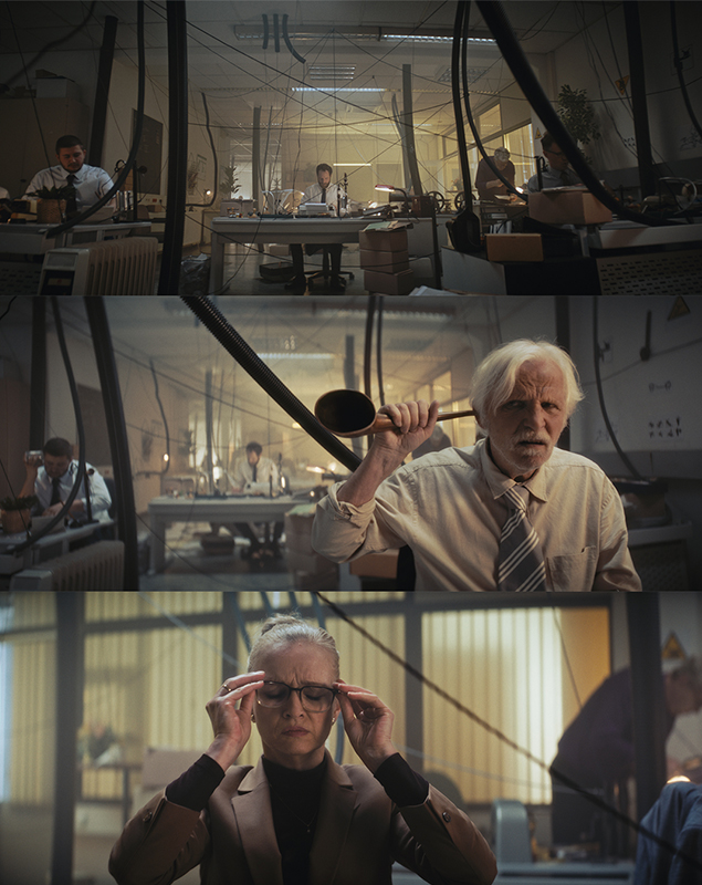 Imagefilm der Filmproduktion Panda Pictures aus München und Ulm für Scheuermann & Heilig. Drei Szenen: oben ein Büro mit Kabeln und Darstellern, mittig einen Darsteller mit Bart, unten eine Darstellerin. Absurde Atmosphäre.