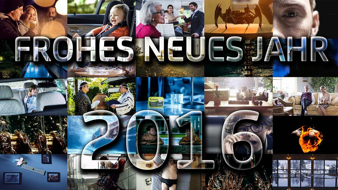 Filmproduktion Panda Pictures aus München und Ulm zum Thema Frohes neues Jahr 2016. Eine Collage aus verschiedenen Filmszenen und Motiven, die die Vielfalt der Kreation in der Filmproduktion 2016 zeigt.