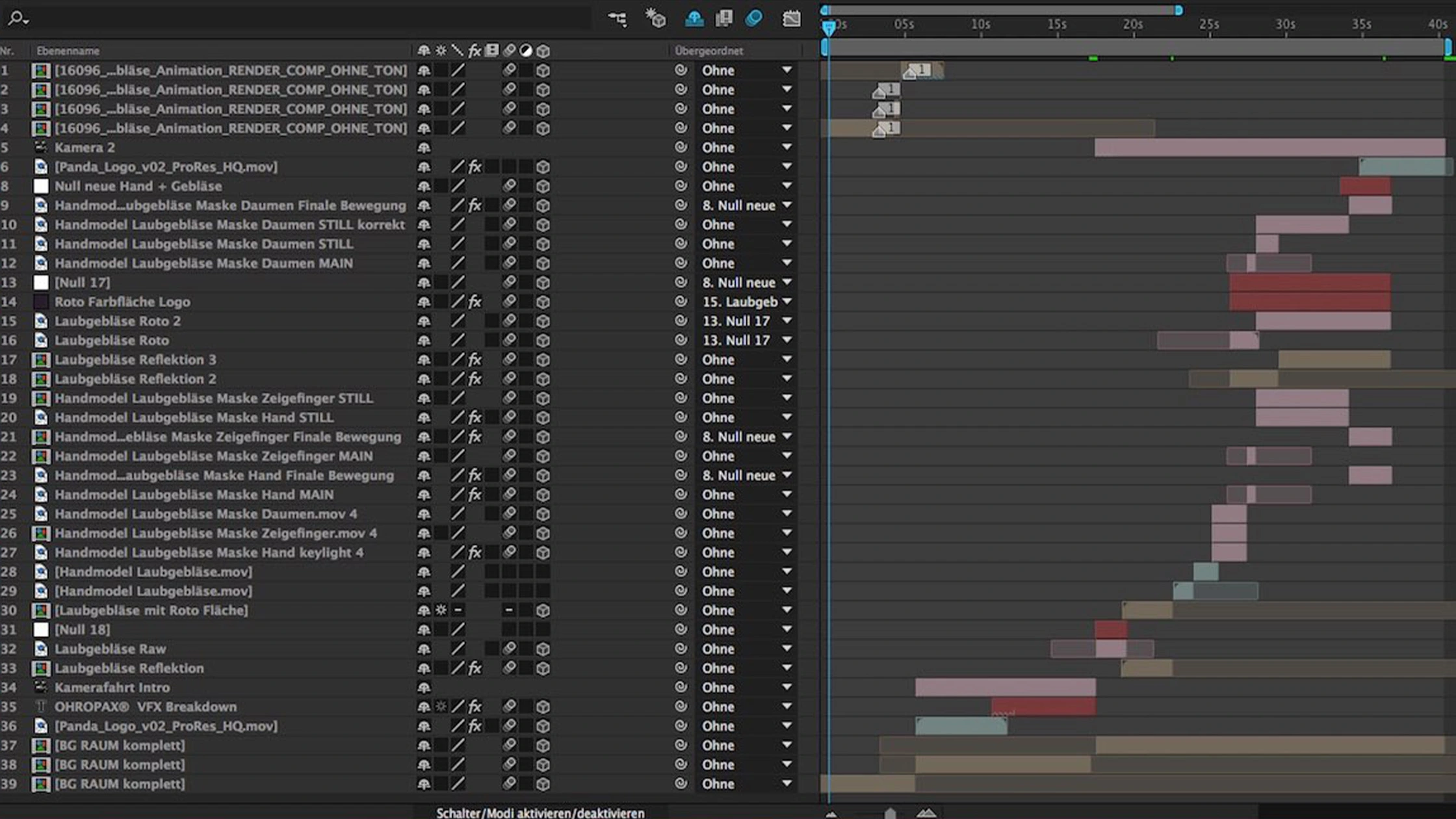 Filmproduktion Panda Pictures aus München und Ulm zum Thema Was sind Visual Effects? Software-Timeline mit unzähligen Ebenen und Kompositionen, essenziell für die detaillierte Postproduktion von Visual Effects.