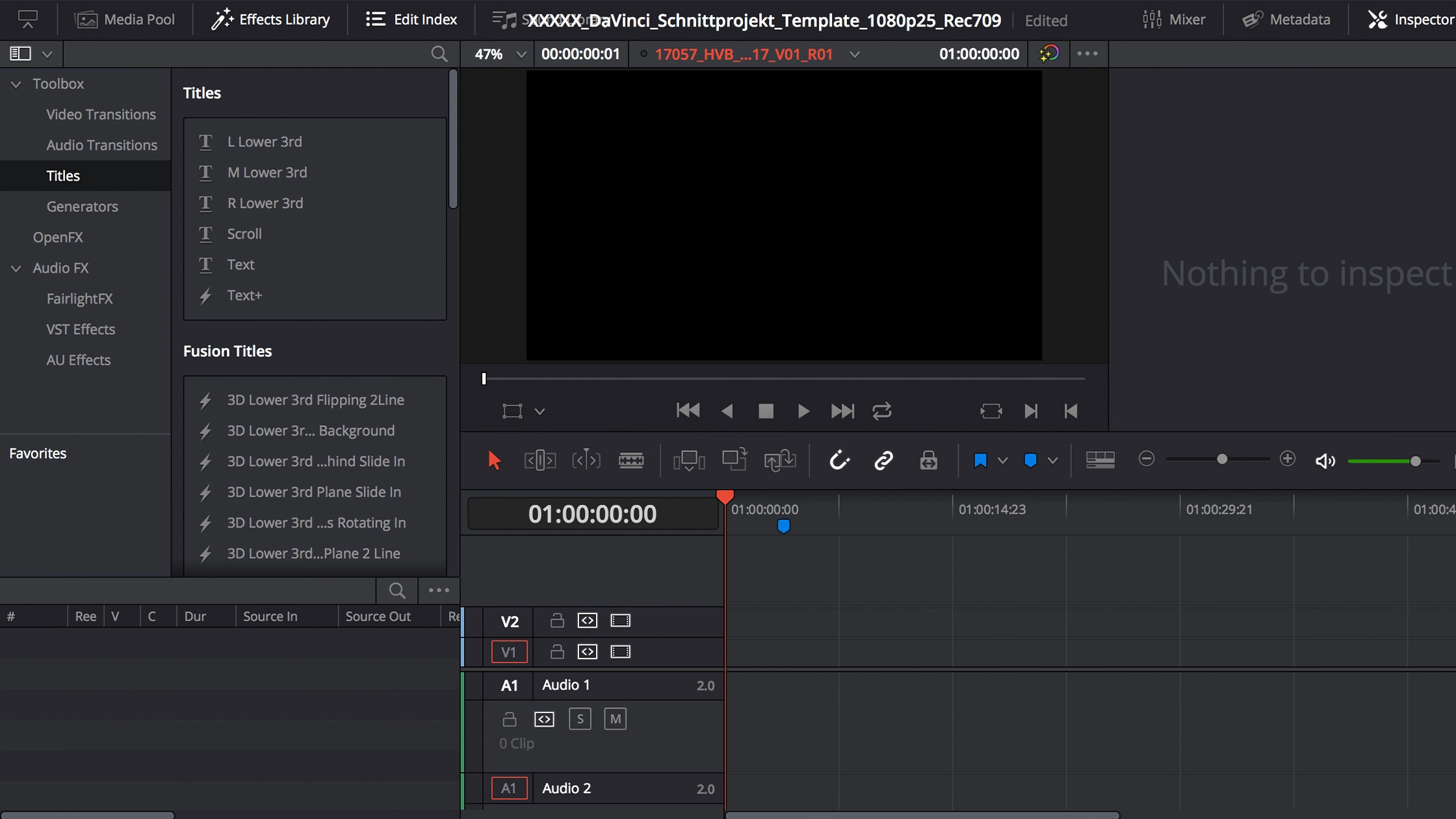 Filmproduktion Panda Pictures aus München und Ulm zum Thema DaVinci Resolve 15. Benutzeroberfläche von DaVinci Resolve 15 mit Fokus auf die Postproduktion von Titeln und Medienverwaltung.