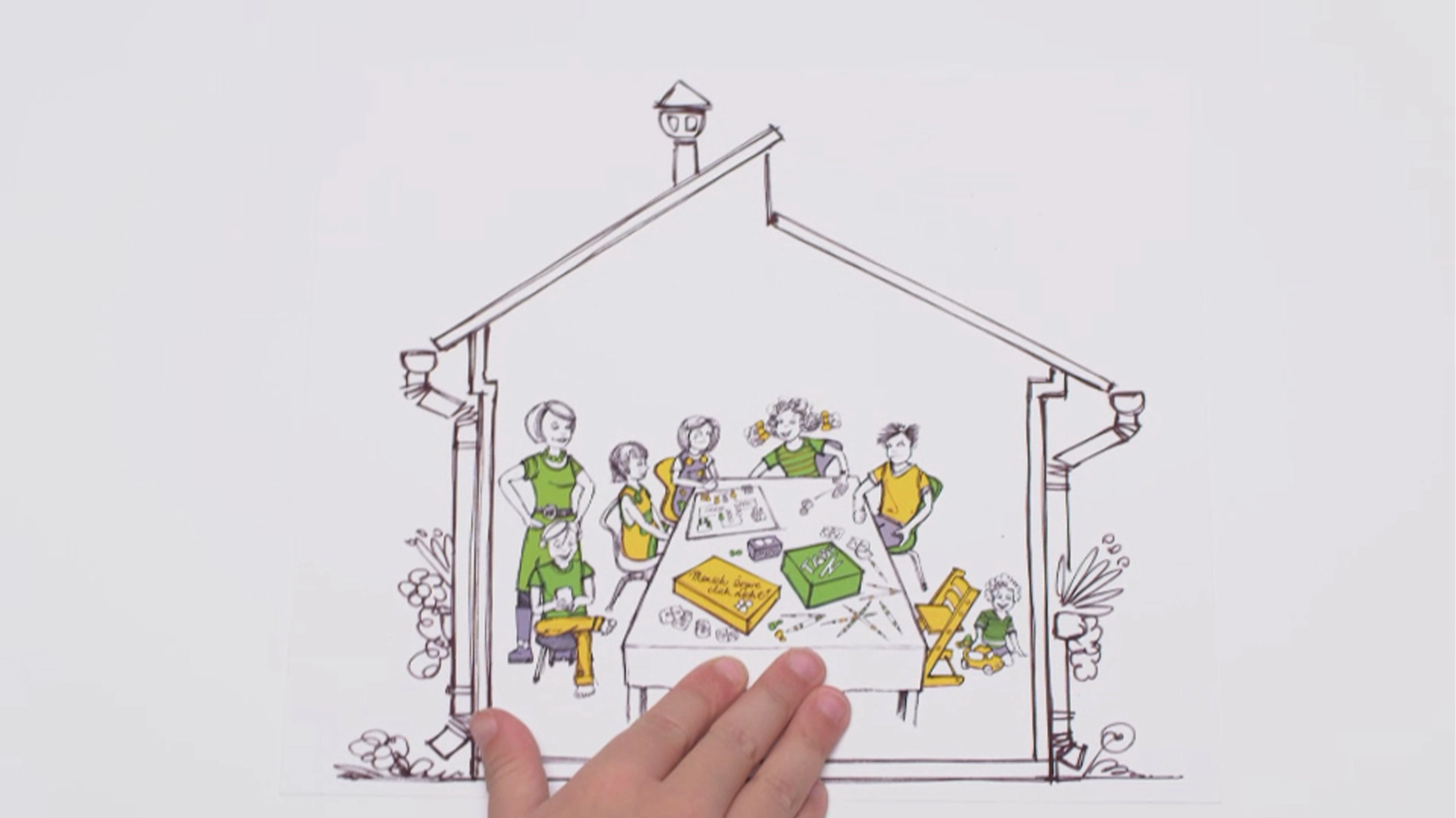 Filmproduktion Panda Pictures aus München und Ulm zum Thema Erklärfilmstile. Hand zeichnet Haus mit cartoonartigen Personen am Tisch, beispielhaft für die Kreation eines Whiteboard-Animationsstils.
