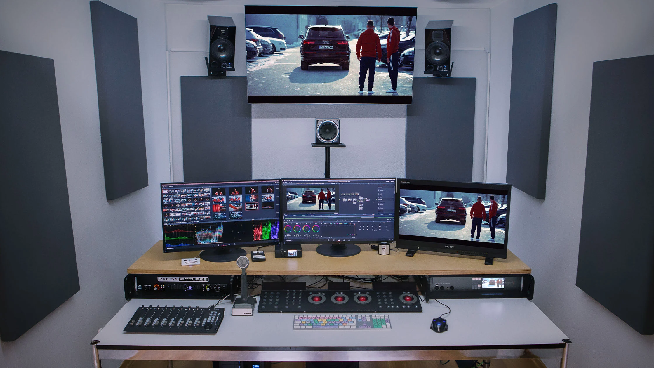 Filmproduktion Panda Pictures aus München und Ulm zum Thema Digital Production Artikel. Ein Schnittplatz für die Postproduktion mit mehreren Monitoren, optimiert für Color Grading und Schnitt.
