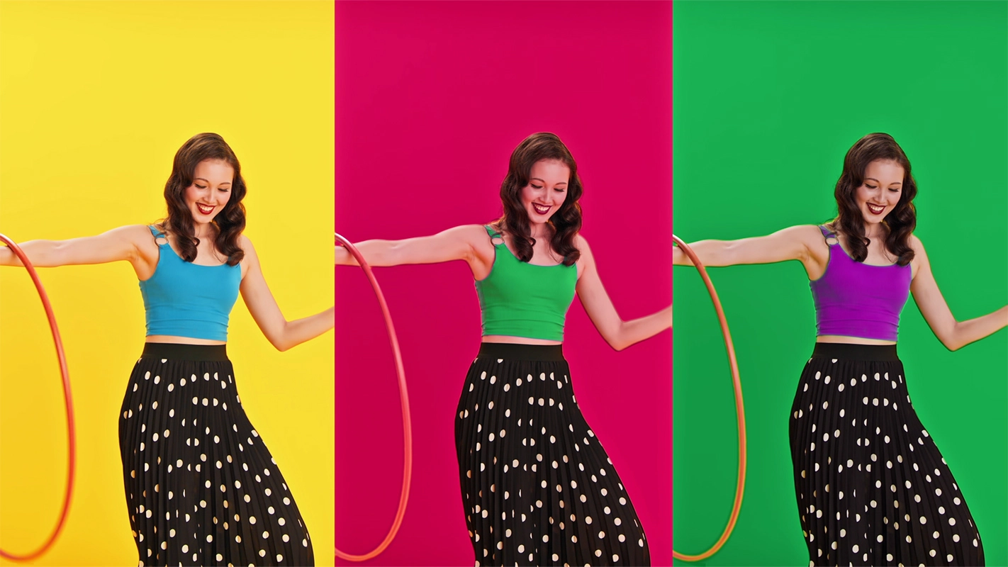 Filmproduktion Panda Pictures aus München und Ulm zum Thema JuZo – show your inner colors. Eine Frau mit Hula-Hoop wird in einem Triptychon in drei Farbvarianten gezeigt. In der Postproduktion werden Farben gezielt verändert, um Vielfalt zu zeigen.