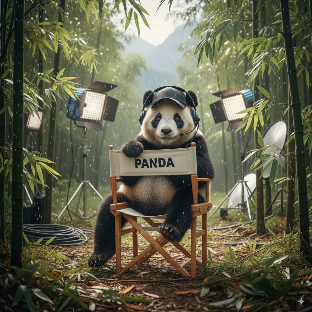 Ein Panda sitzt auf einem Regiestuhl mit Headset im Bambuswald, umgeben von Filmleuchten, ein Meisterwerk der Filmproduktion und Videoproduktion von Panda Pictures in München und Ulm, inspiriert von Google Nano Banana