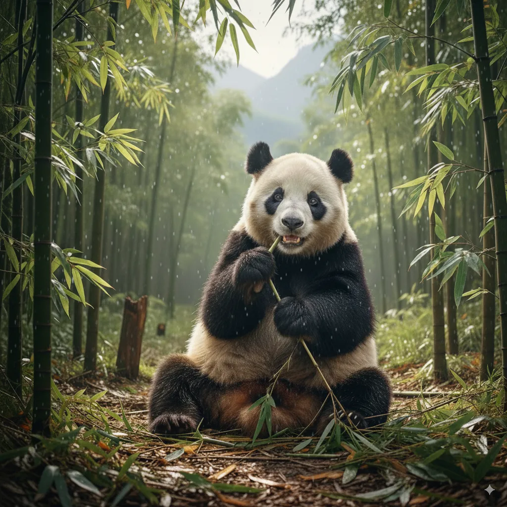 Ein Panda genießt Bambus im tropischen Bambuswald mit Bergen im Hintergrund, eine Szene, die von Panda Pictures in München und Ulm für ihre kreative Filmproduktion und Videoproduktion gestaltet wurde, inspiriert von Google Nano Banana.