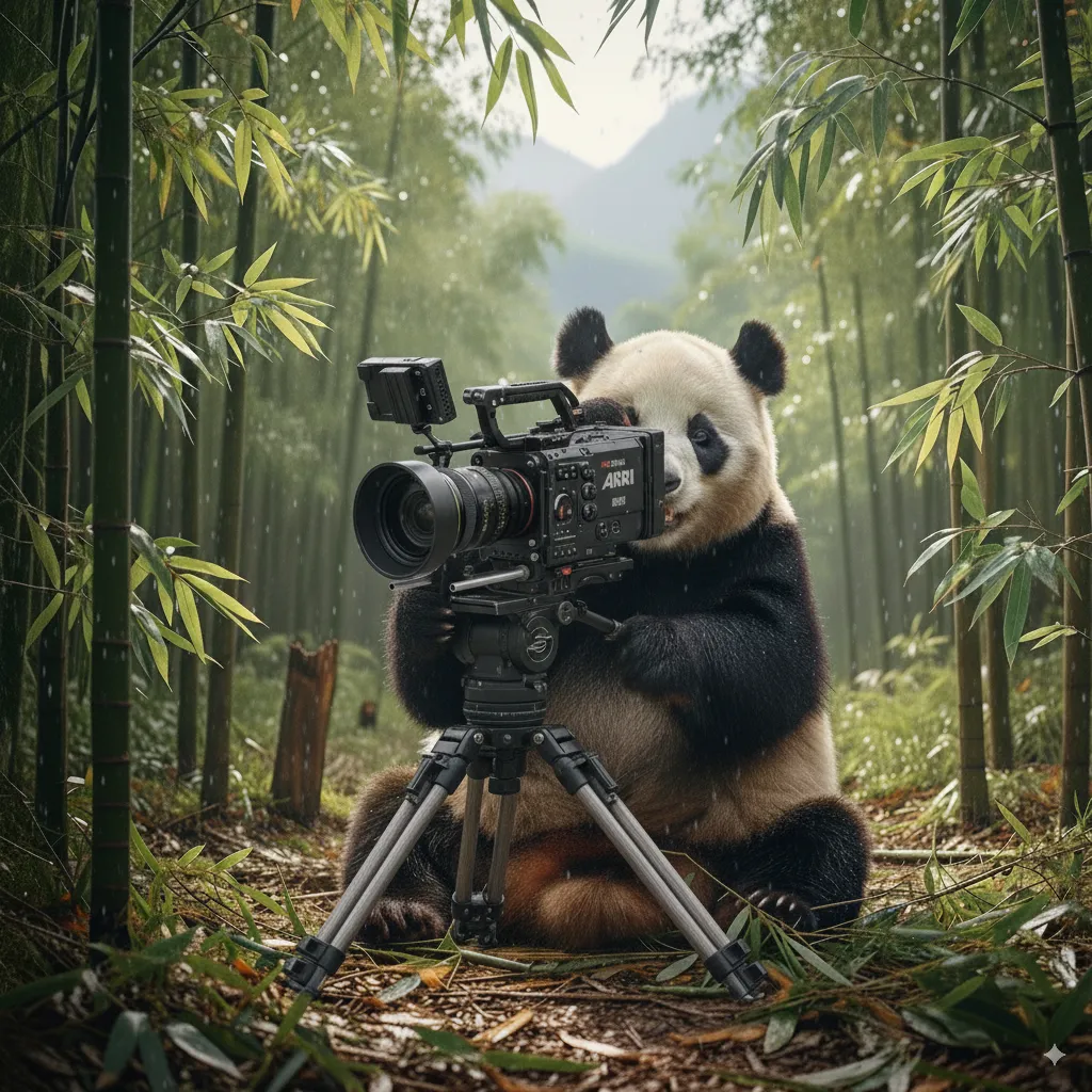 Ein Panda bedient eine Kamera im Bambuswald mit Bergen im Hintergrund, ein beeindruckendes Projekt der Videoproduktion und Filmproduktion von Panda Pictures in München und Ulm, inspiriert von Google Nano Banana.