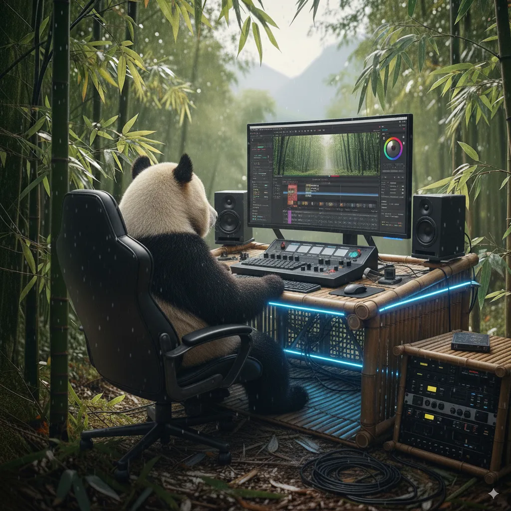 in Panda arbeitet an einem Schreibtisch mit Monitoren im Bambuswald, ein Beispiel für die innovative Videoproduktion und Filmproduktion von Panda Pictures in München und Ulm, inspiriert von Google Nano Banana.