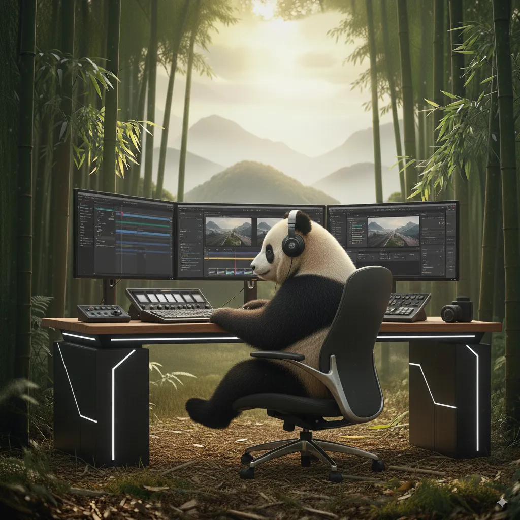 in Panda arbeitet an einem Schreibtisch mit Monitoren im Bambuswald, ein Beispiel für die innovative Videoproduktion und Filmproduktion von Panda Pictures in München und Ulm, inspiriert von Google Nano Banana.
