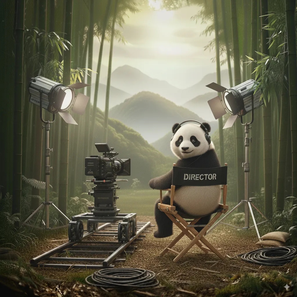 Ein Panda agiert als Regisseur auf einem Stuhl im Bambuswald mit Kamera und Filmleuchten, ein Kunstwerk der Filmproduktion und Videoproduktion von Panda Pictures in München und Ulm, inspiriert von Google Nano Banana.