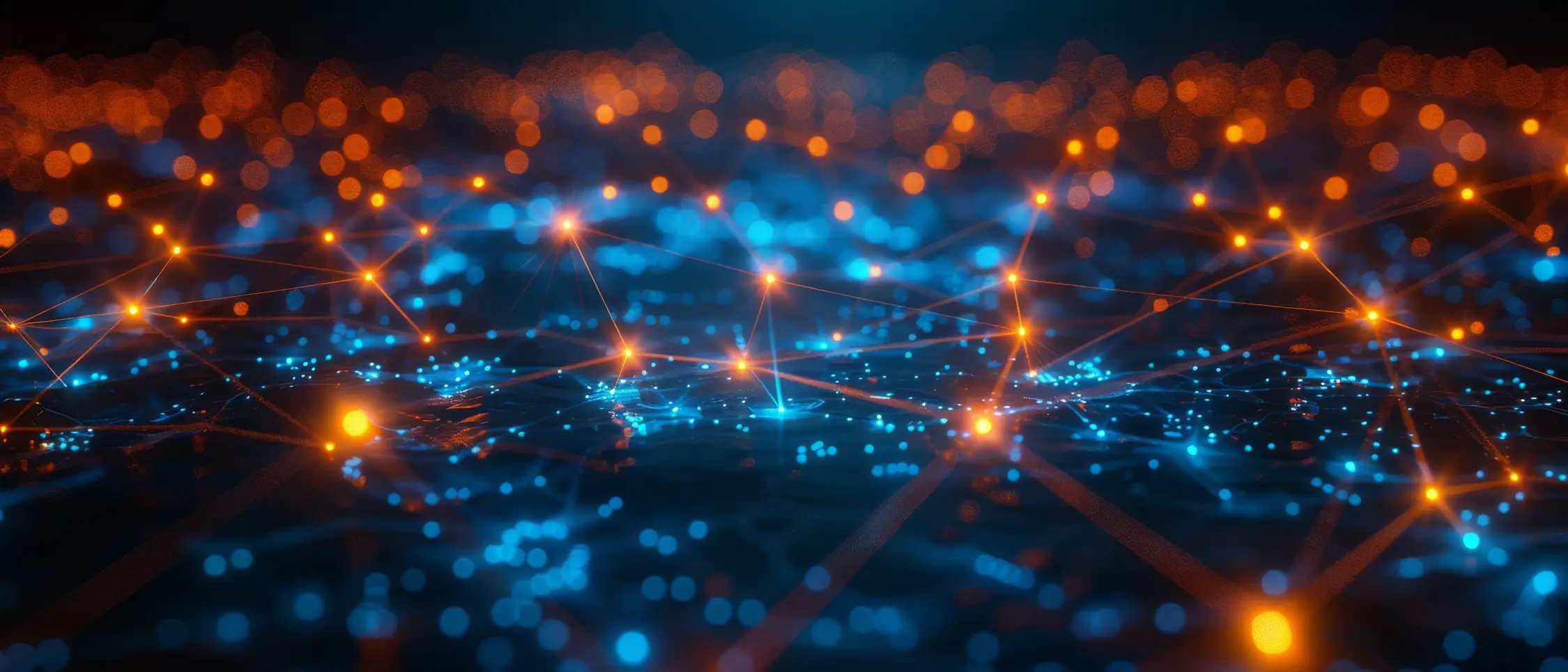 Ein faszinierendes Netzwerk aus leuchtenden Punkten und Linien in Blau und Orange erstreckt sich über einen digitalen Hintergrund, ein visueller Ausdruck von Kommunikation der Filmproduktion und Videoproduktion von Panda Pictures in München und Ulm.