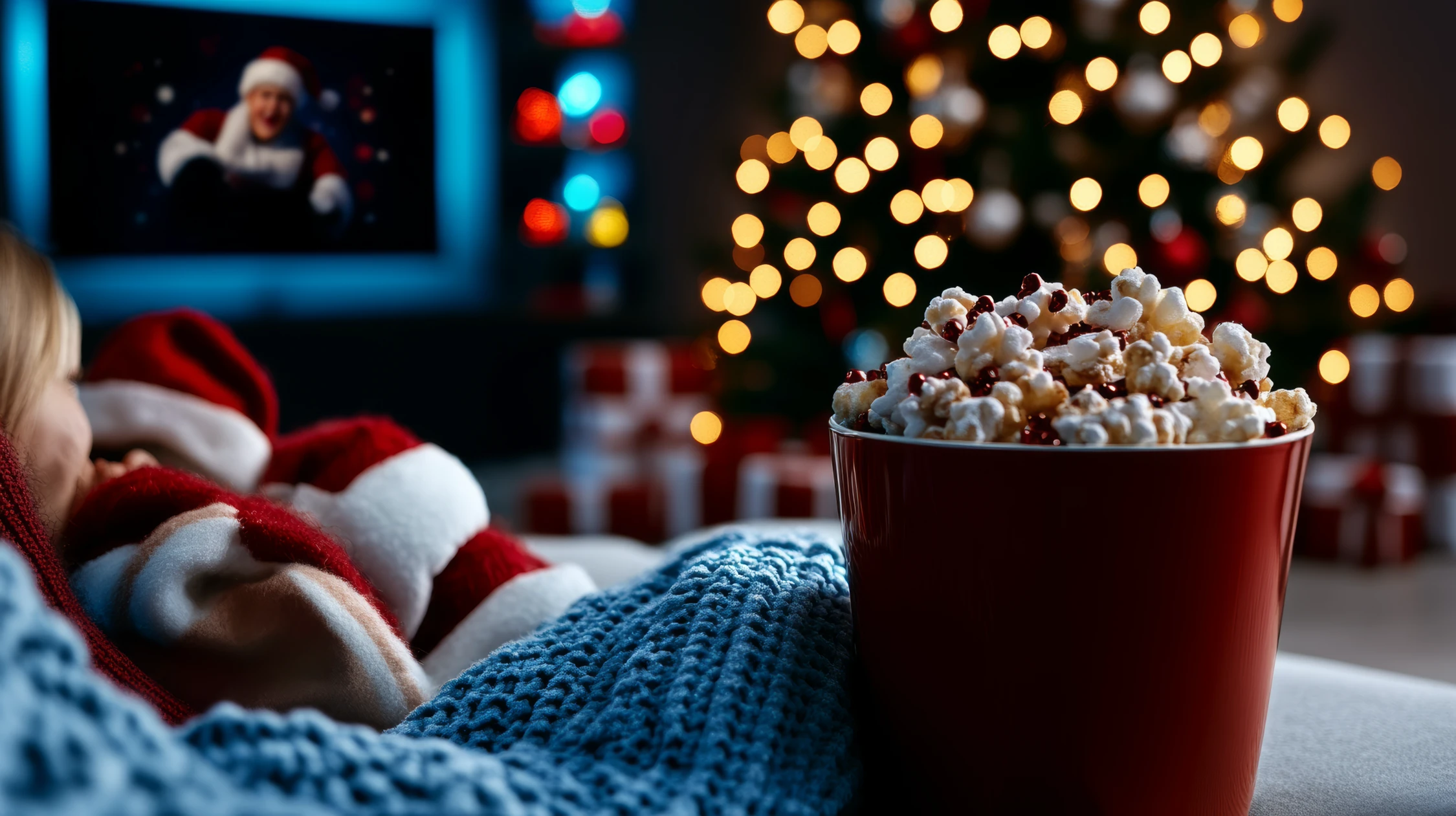 Gemütliche Szene mit Popcorn in einer roten Schüssel neben einer Person in Santa-Kleidung, die mit einem erleuchteten Weihnachtsbaum einen Weihnachtsfilm im Fernsehen schaut, die Weihnachtswerbung-Konzepte von Panda Pictures' Filmproduktion und Videoproduktion in München und Ulm hervorhebt.