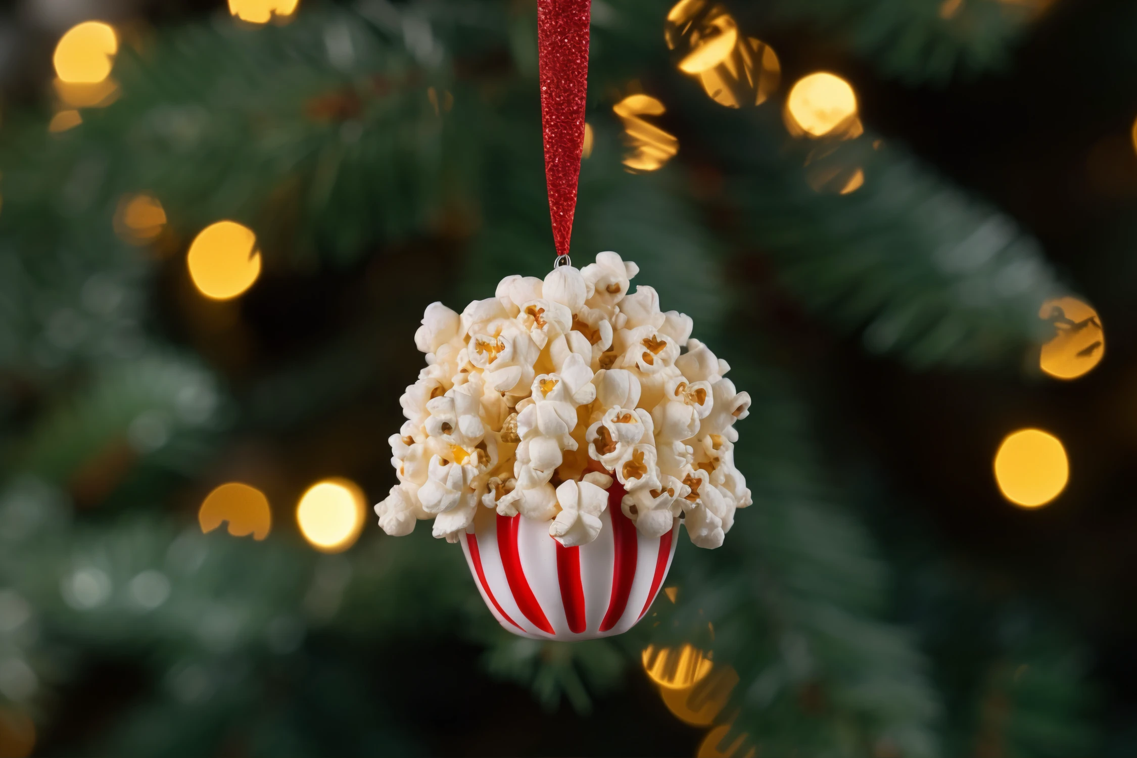 Überquellendes Popcorn aus einem rot-weiß gestreiften Becher, das als festliches Ornament an einem Weihnachtsbaum hängt, perfekt für inspirierende Weihnachtswerbung-Visuals von Panda Pictures in Filmproduktion und Videoproduktion in München und Ulm.