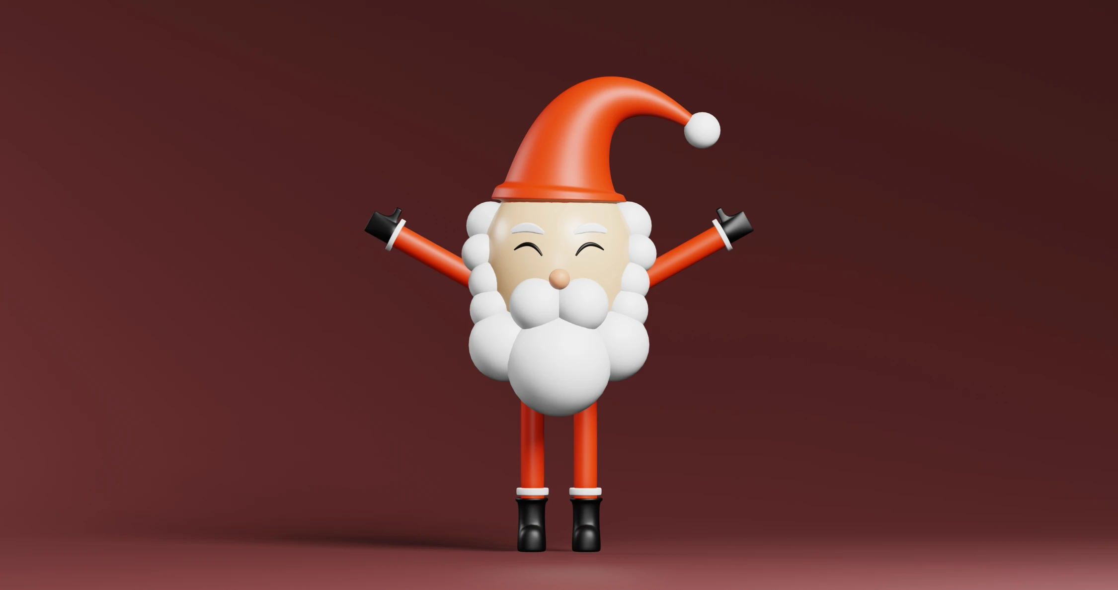 Cartoonhafte Santa-Claus-Figur mit fröhlich erhobenen Armen vor einem maronenfarbenen Hintergrund, ideal für Weihnachtswerbung-Kampagnen von Panda Pictures in Filmproduktion und Videoproduktion in München und Ulm.