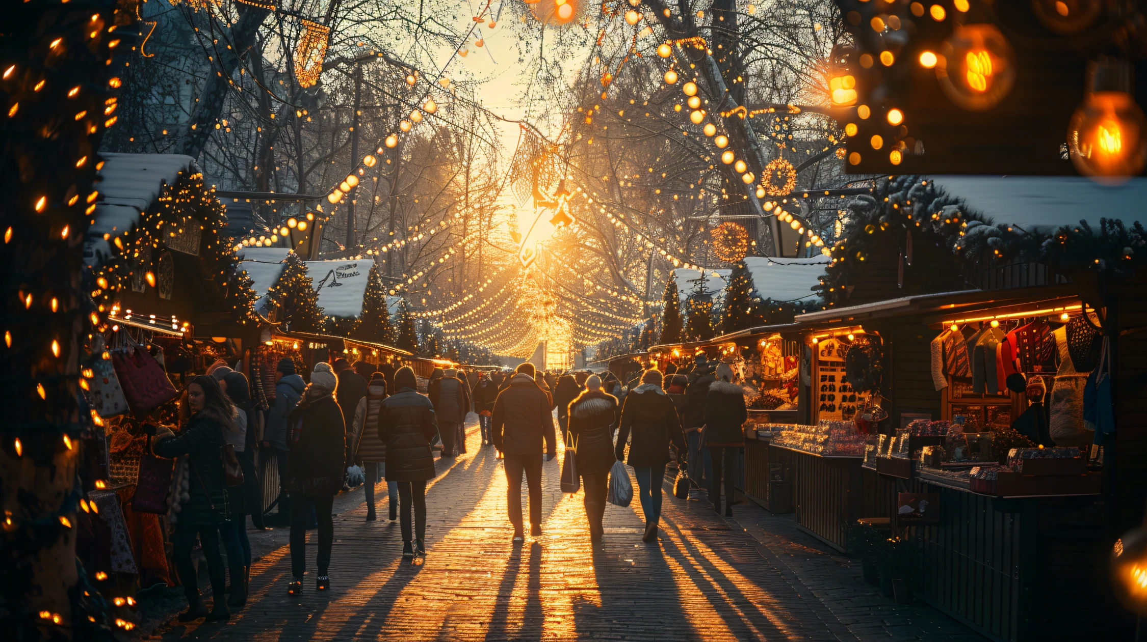 Lebhafter Weihnachtsmarkt mit Holzhütten, Lichterketten und Menschenmengen bei Sonnenuntergang, der lebendige Weihnachtswerbung-Atmosphären über Panda Pictures' Filmproduktion und Videoproduktion in München und Ulm darstellt.