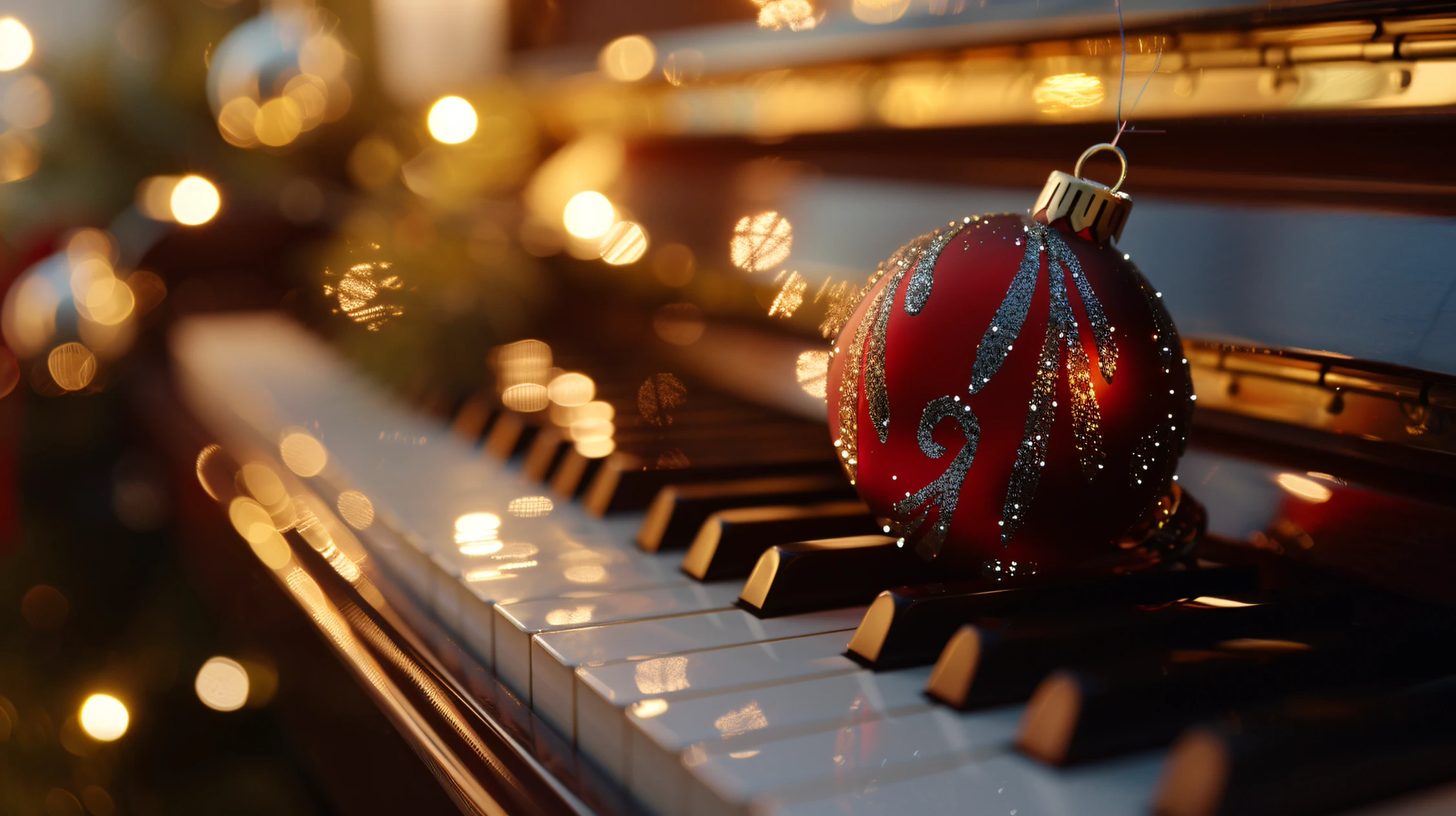 Elegante rote Kugel mit silbernen Glitzerwirbeln, die auf Klaviertasten inmitten von Weihnachtslichtern ruht, ein raffiniertes Element für Weihnachtswerbung, produziert von Panda Pictures in Filmproduktion und Videoproduktion von München bis Ulm.