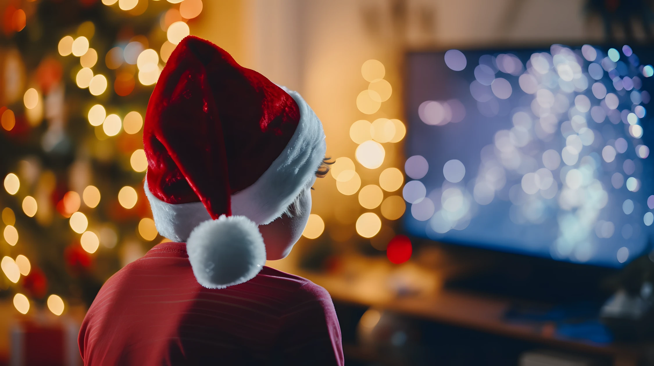 Rückansicht einer Person mit roter Weihnachtsmütze, die vor einem beleuchteten Weihnachtsbaum einen Fernseher betrachtet, ideal für Weihnachtswerbung-Szenen von Panda Pictures in Filmproduktion und Videoproduktion in München und Ulm.