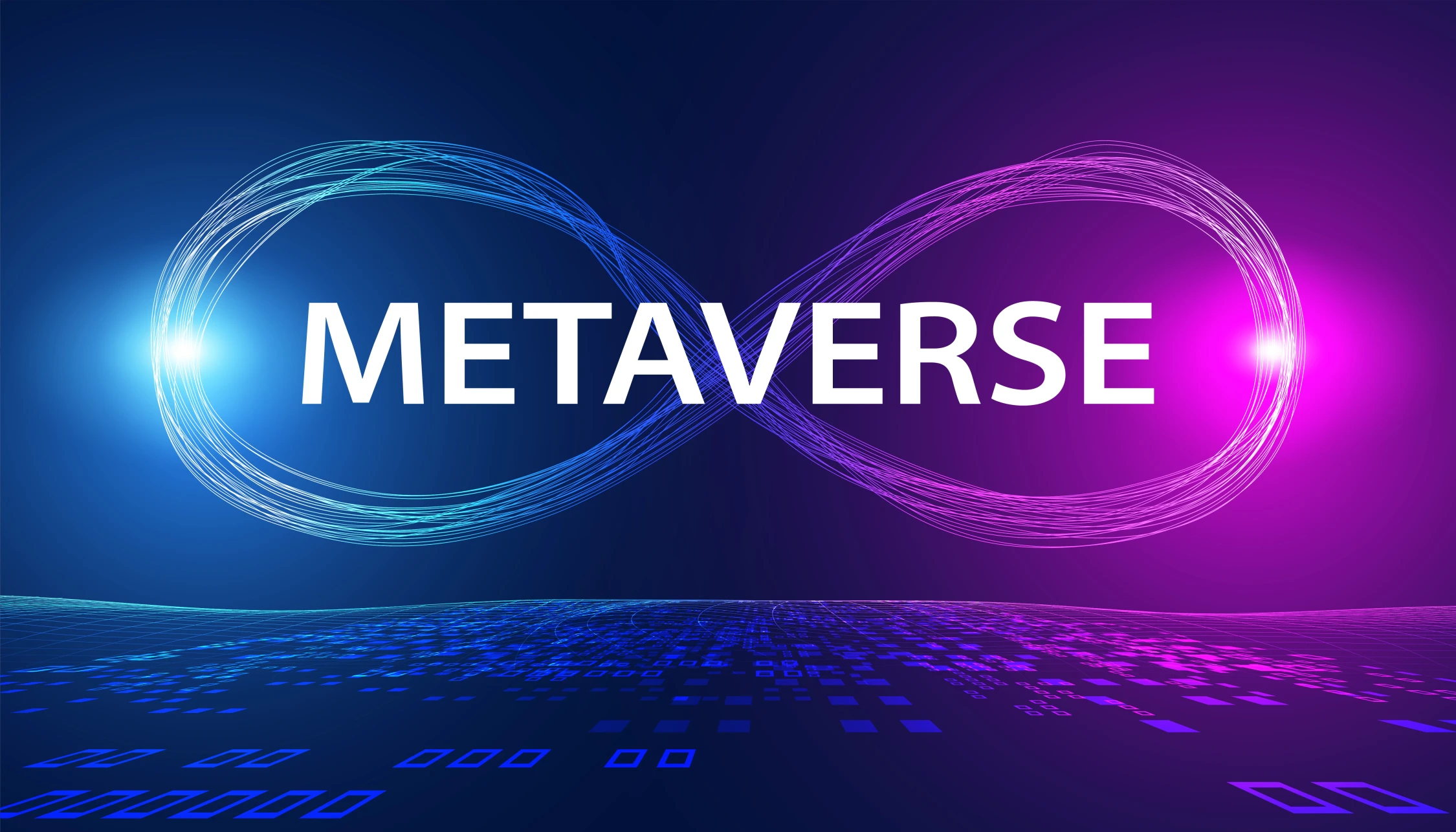 "METAVERSE" in weißen Buchstaben mit leuchtenden Blau- und Pink-Linien als Unendlichkeitssymbol auf einem digitalen Hintergrund, repräsentierend Panda Pictures Filmproduktion München Ulm Videoproduktion und Meta Vibes KI.