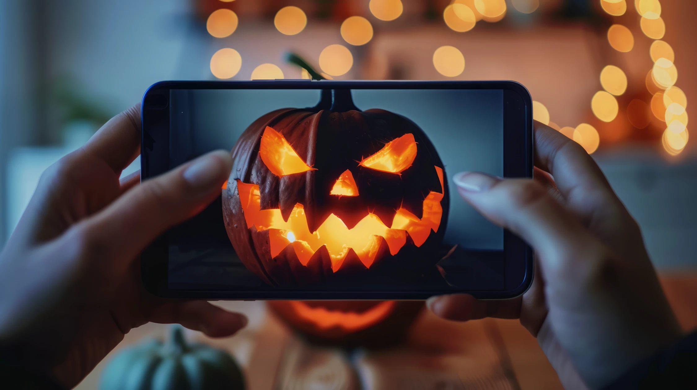Smartphone hält einen leuchtenden Halloween-Kürbis (Jack O'Lantern) fest, aufgenommen bei warmem Bokeh-Licht. Ein Motiv für die Panda Pictures München Ulm Halloween Werbung Videoproduktion.