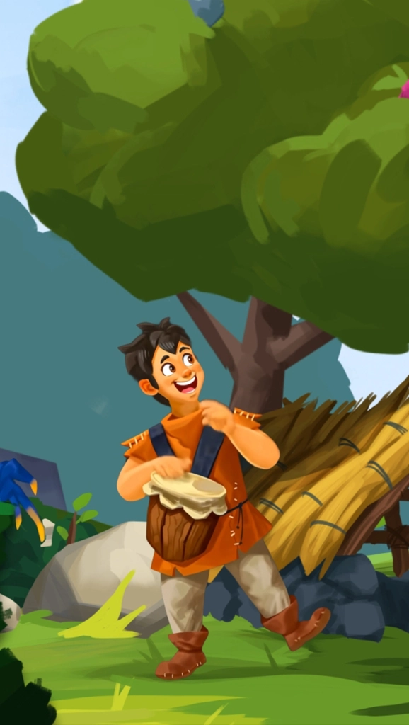 Ein fröhlicher Junge spielt eine Trommel, ein Charakter aus Paleolino, animiert von Panda Pictures im Rahmen einer Filmproduktion und Videoproduktion.