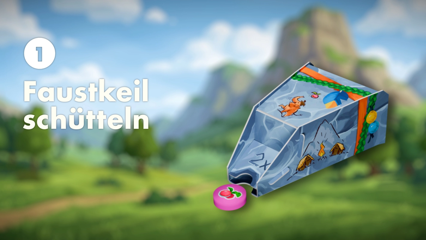 Erklärgrafik Schritt 1: Faustkeil schütteln im Spiel Paleolino, erstellt von Panda Pictures für Filmproduktion und Videoproduktion.