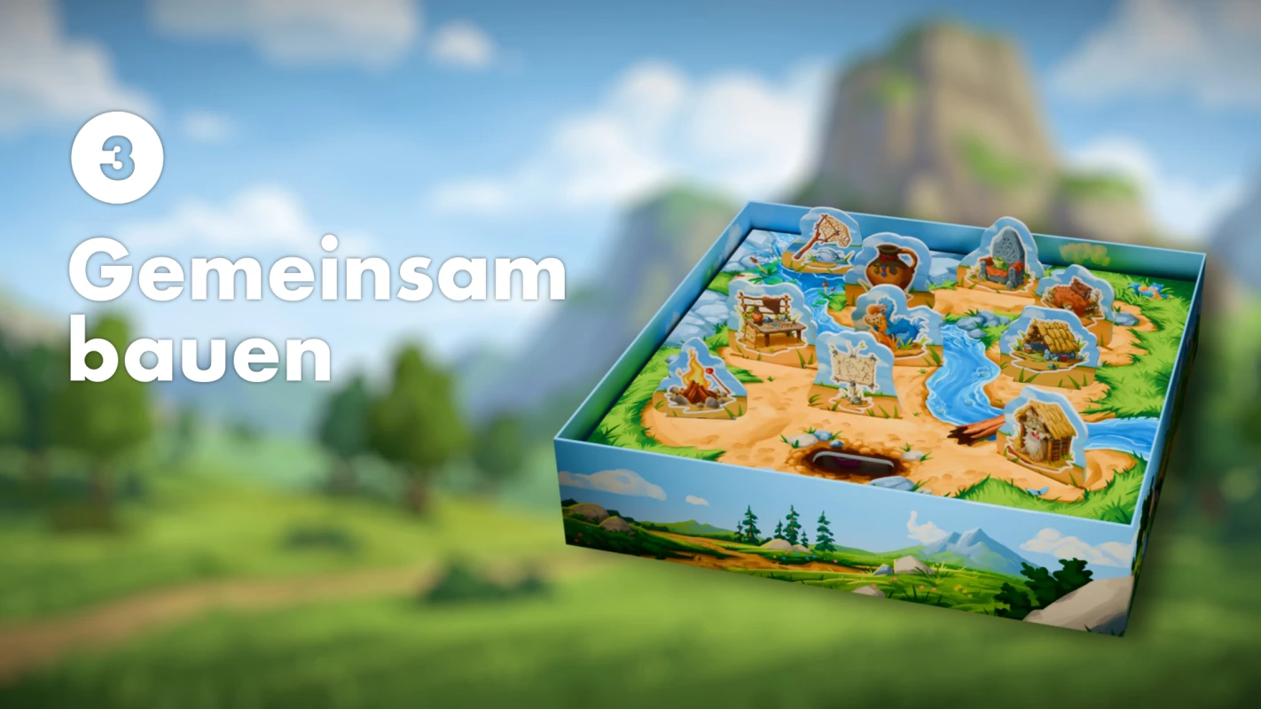 Erklärgrafik Schritt 3: Gemeinsam bauen im Spielkarton von Paleolino, inszeniert von Panda Pictures für Filmproduktion und Videoproduktion.