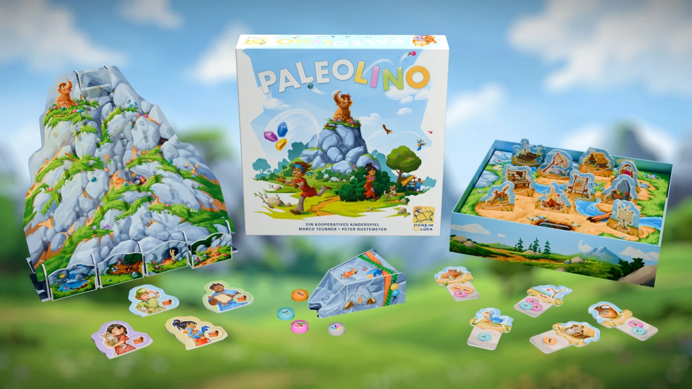 Übersicht des gesamten Spielmaterials und der Verpackung von Paleolino, präsentiert von Panda Pictures im Kontext von Filmproduktion und Videoproduktion.