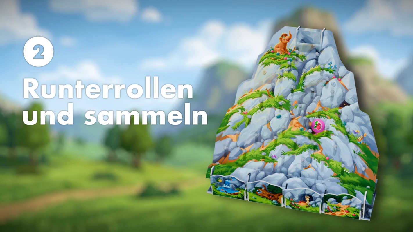 Erklärgrafik Schritt 2: Runterrollen und sammeln am Berg von Paleolino, visualisiert von Panda Pictures für Filmproduktion und Videoproduktion.