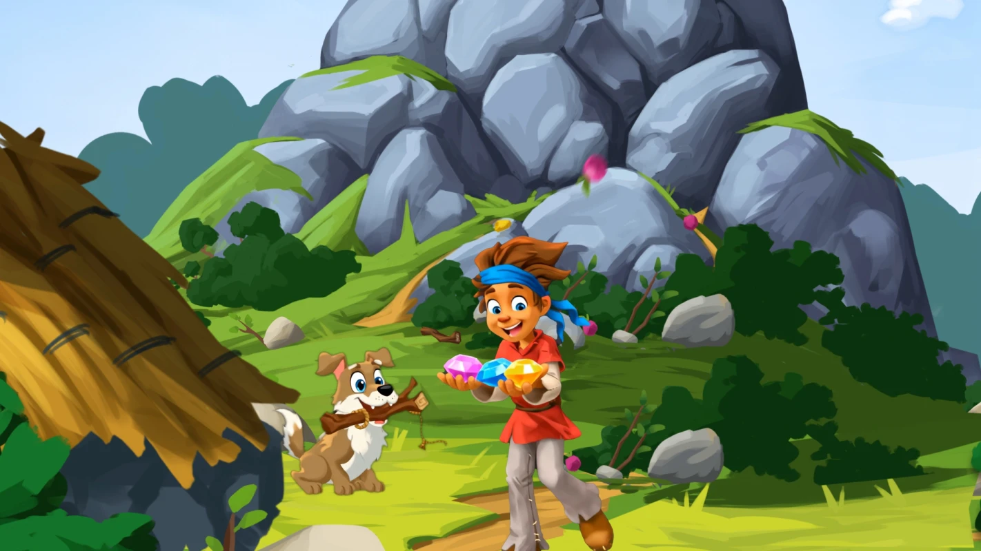 Ein Junge trägt bunte Edelsteine neben einem Hund im Spiel Paleolino, produziert von Panda Pictures für Filmproduktion und Videoproduktion.
