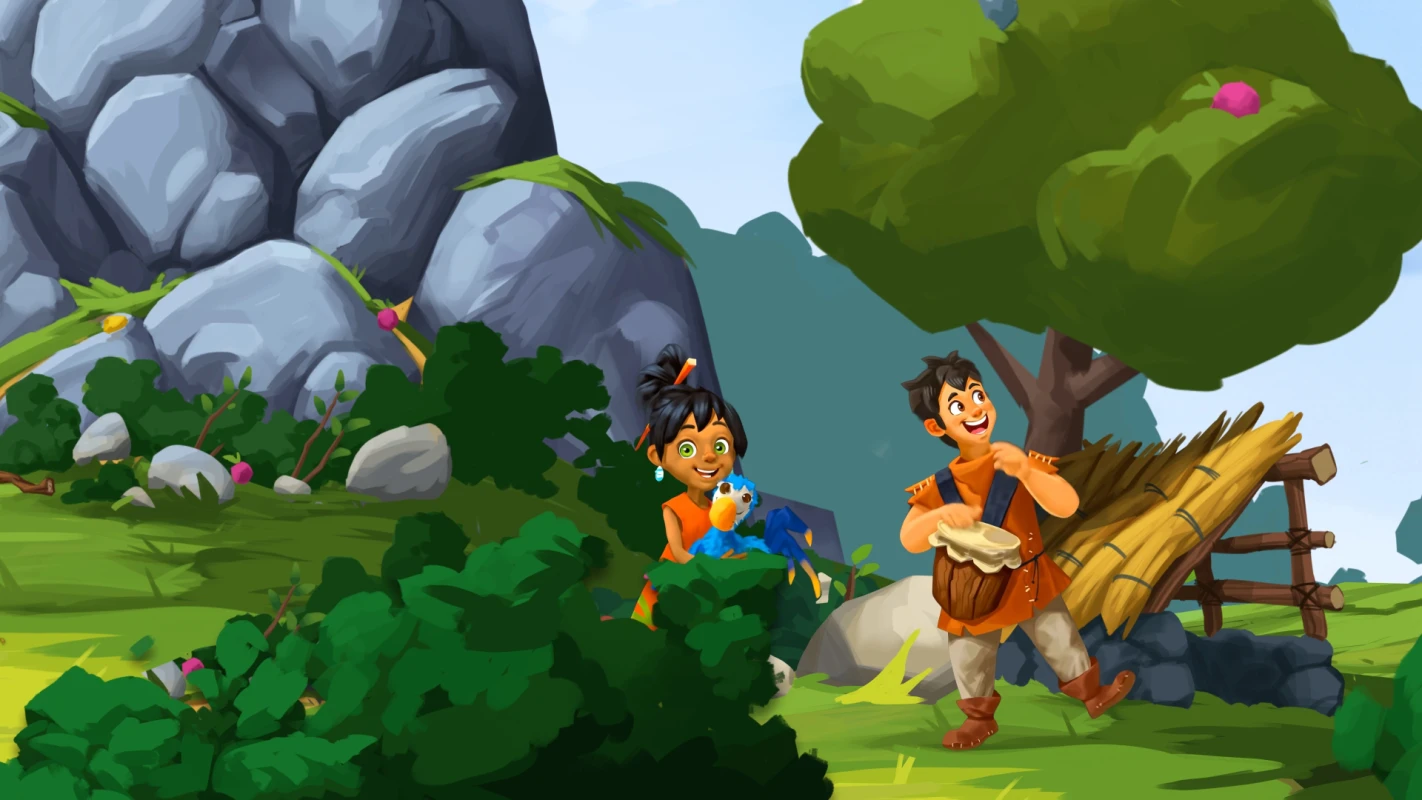 Zwei Kinder musizieren und spielen in der Natur von Paleolino, dargestellt von Panda Pictures, Experten für Filmproduktion und Videoproduktion.