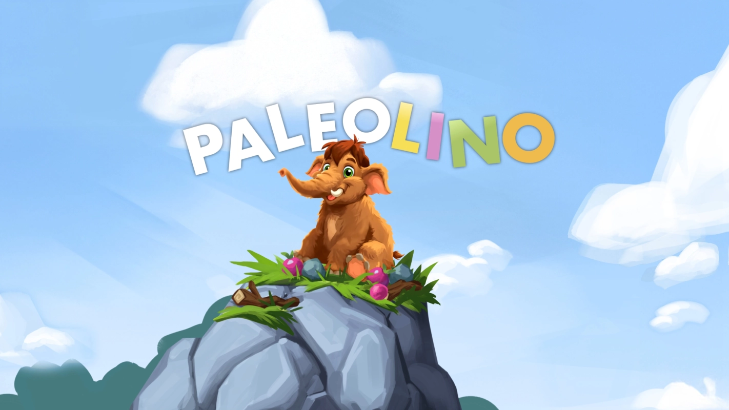 Das Logo von Paleolino über einem sitzenden Mammut, eine Szene von Panda Pictures aus dem Bereich Filmproduktion und Videoproduktion.