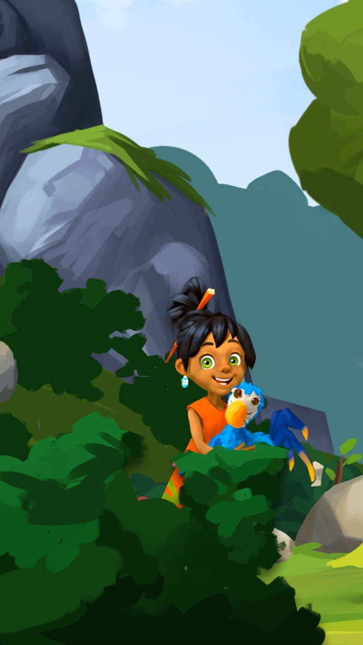 Ein lachendes Mädchen mit einem blauen Vogel aus der Welt von Paleolino, visualisiert von Panda Pictures für Filmproduktion und Videoproduktion.