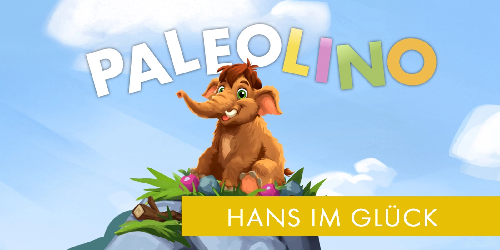 Titelgrafik des Spiels Paleolino mit einem niedlichen Mammut auf einem Felsen, gestaltet von Panda Pictures für Filmproduktion und Videoproduktion.
