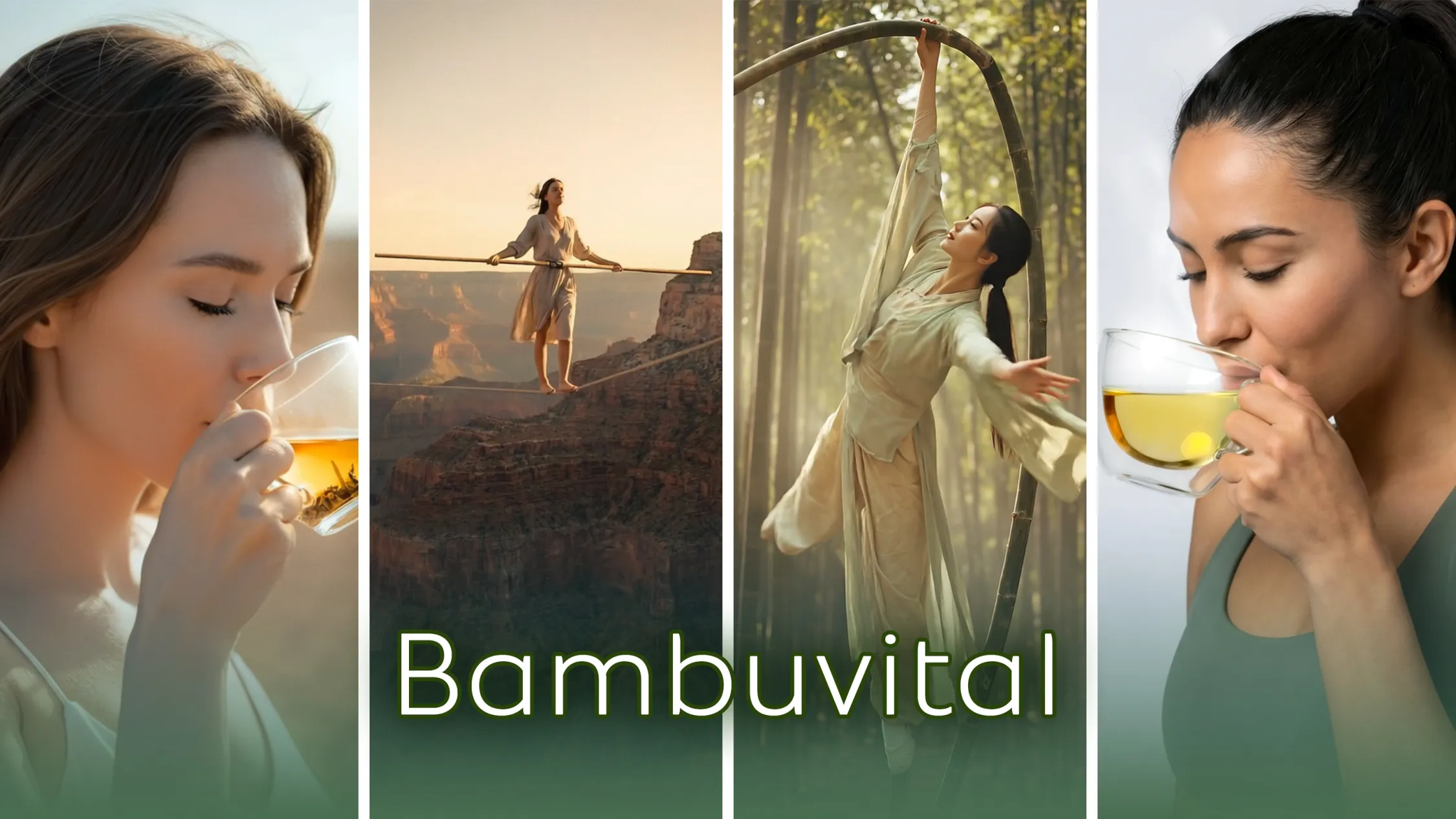 Collage mit vier Motiven: Frauen beim Teetrinken und in balancierenden Posen in der Natur. Im Vordergrund steht der Schriftzug „Bambuvital“. Die Bilder vermitteln ein Gefühl von Balance, Leichtigkeit und natürlicher Ruhe.