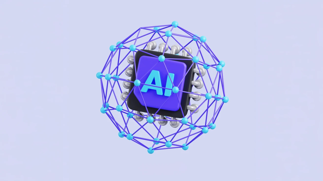 3D-Illustration eines KI-Computerchips mit der Aufschrift "AI", der von einem kugelförmigen, vernetzten Gitter umgeben ist – passend zum Artikel über Anthropic Connectors als Gamechanger für Kreative in der Filmproduktion von Panda Pictures.