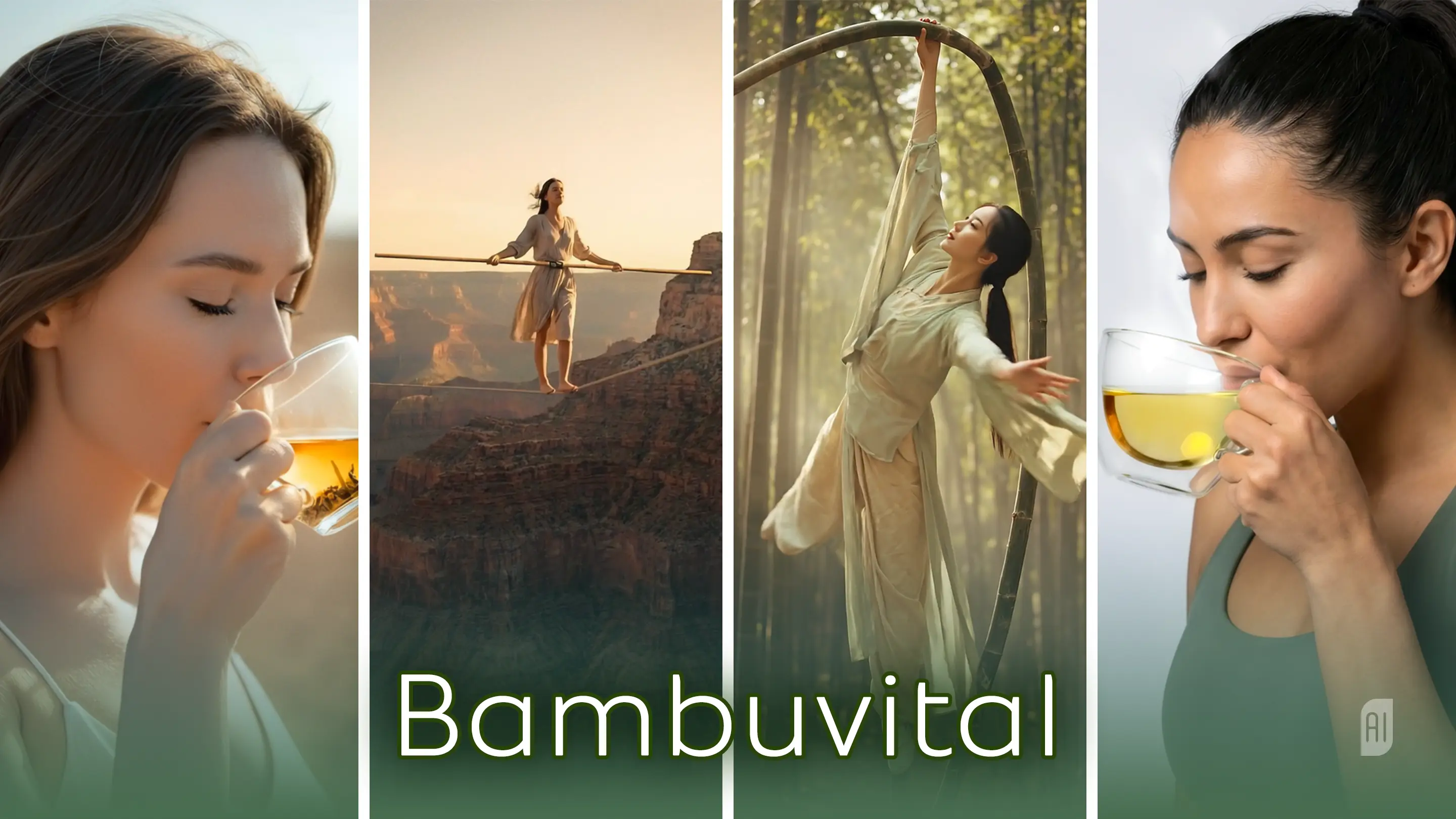 Collage mit vier Motiven: Frauen beim Teetrinken und in balancierenden Posen in der Natur. Im Vordergrund steht der Schriftzug „Bambuvital“. Die Bilder vermitteln ein Gefühl von Balance, Leichtigkeit und natürlicher Ruhe.