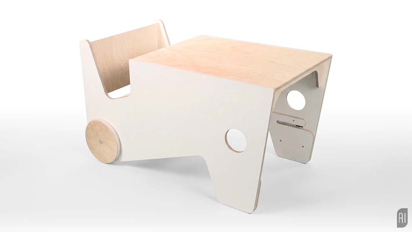 Weißer Kindertisch mit integrierter Sitzbank auf weißem Grund. Bild aus einer KI-Hybrid-Produktion von Panda Pictures.