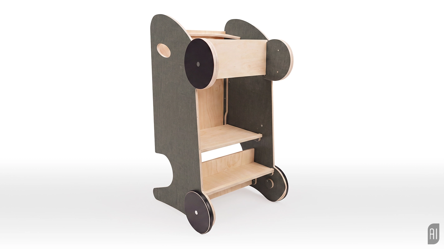 Dunkelgrauer Kinder-Lernturm aus Holz mit schwarzen Rädern auf weißem Hintergrund. Bild aus einer KI-Hybrid-Produktion von Panda Pictures.