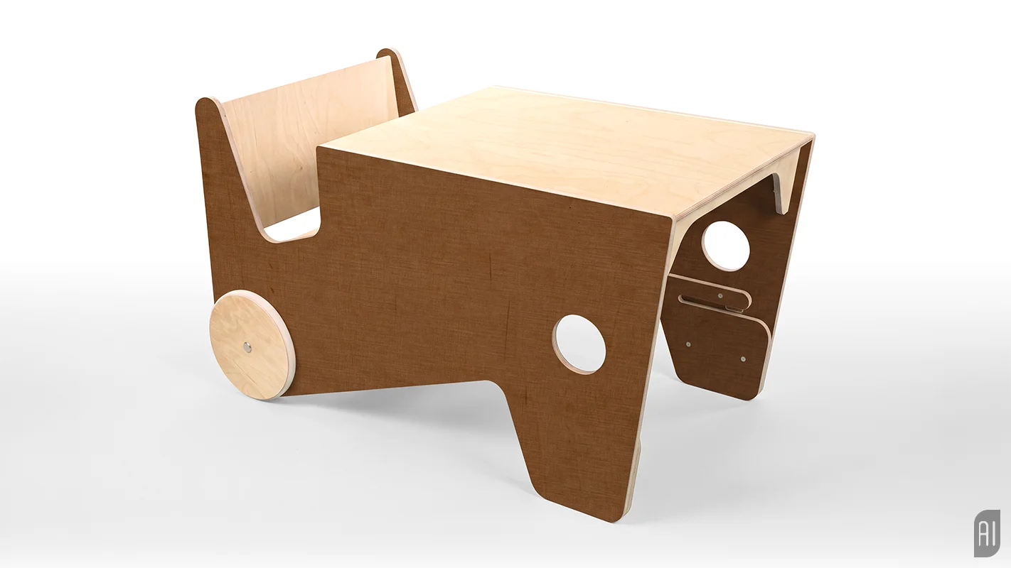 Mittelbrauner Kinderschreibtisch aus Holz mit Sitzbank auf weißem Grund. Bild aus einer KI-Hybrid-Produktion von Panda Pictures.