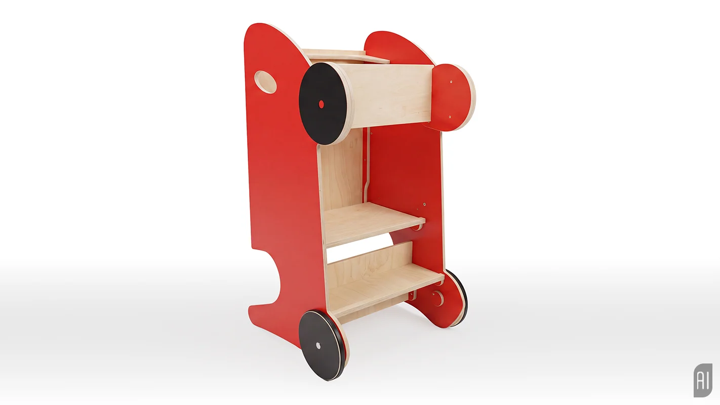 Roter Lernturm für Kinder in Auto-Optik auf weißem Hintergrund freigestellt. Bild aus einer KI-Hybrid-Produktion von Panda Pictures.