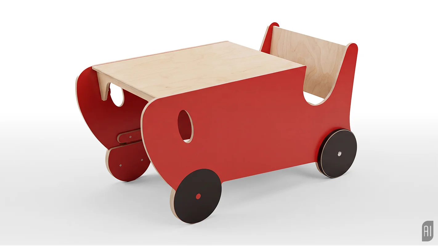 Roter Kinderschreibtisch aus Holz in Autoform mit Sitzbank auf weißem Grund. Bild aus einer KI-Hybrid-Produktion von Panda Pictures.